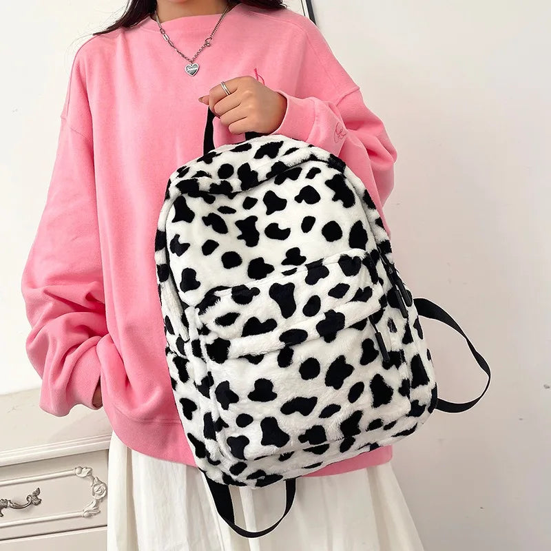 Sac à Dos Moelleux Léopard & Vache – Grande Capacité, Ado & Étudiant, 3 Motifs