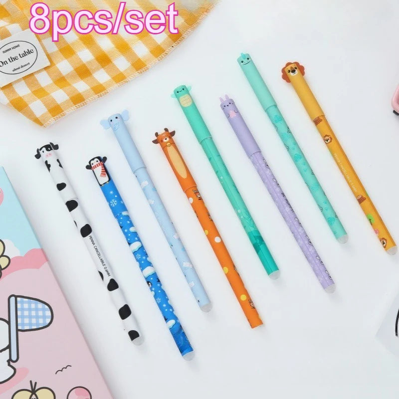 Set de 8 Stylos Gel Effaçables Animaux – Pointe Fine 0,5 mm, Kawaii, Prise de Notes & Écriture