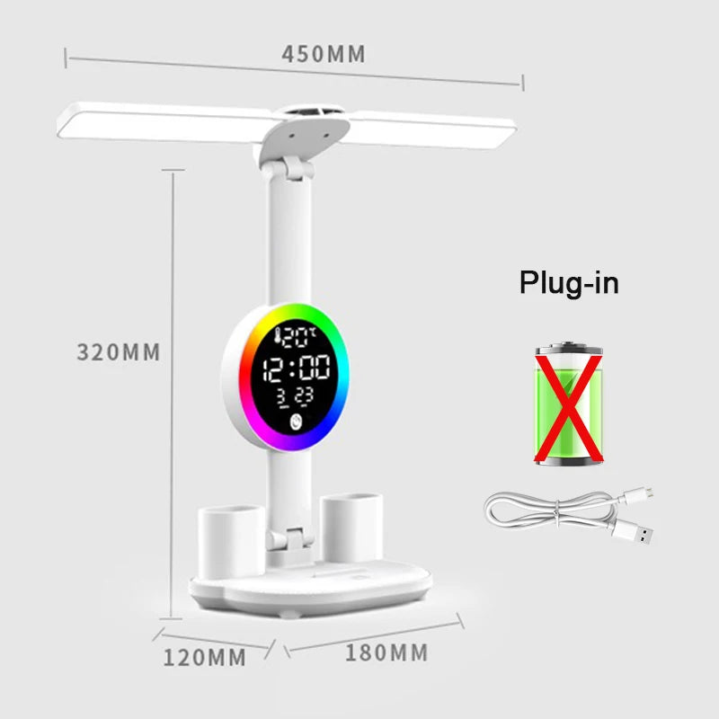 Lampe de Bureau LED avec Horloge & Ventilateur – Interrupteur Tactile, Filaire ou Rechargeable, 3 Modèles