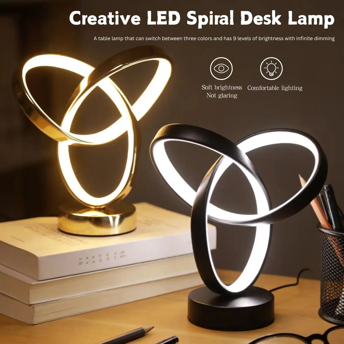 Lampe de Bureau Design Moderne USB – 3 Couleurs de Lumière, Art Créatif, Chambre & Bureau, Noir ou Or