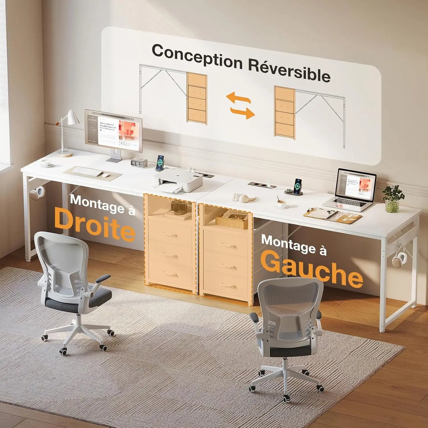 Bureau d'écriture Coleshome avec 3 tiroirs en tissu – Prises USB intégrées, 120x48x75,5 cm