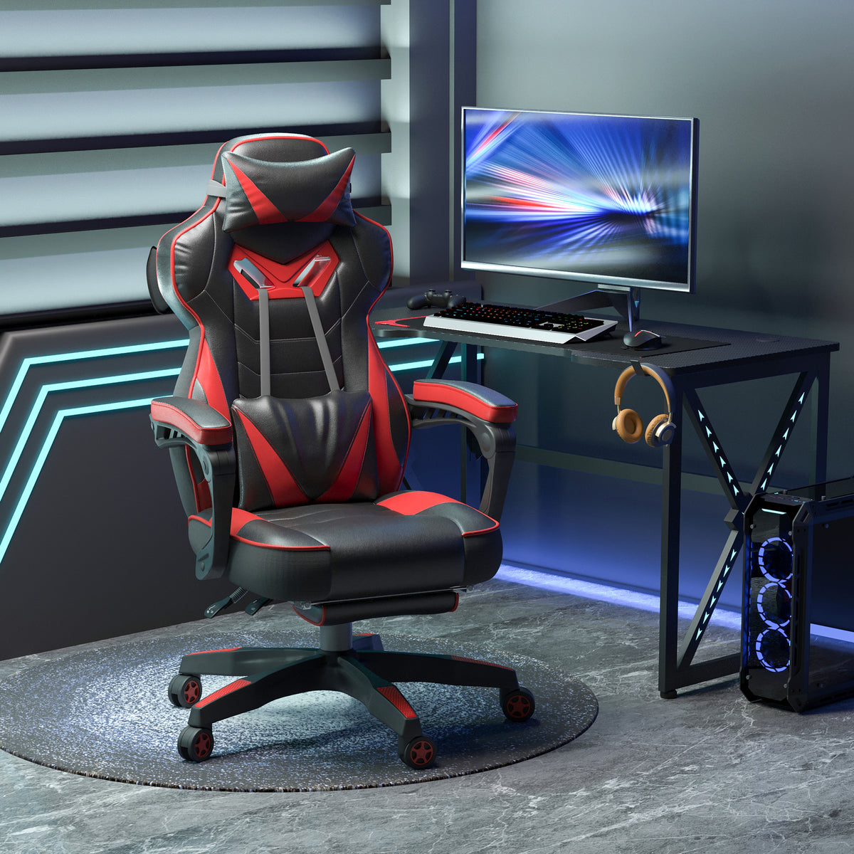 Fauteuil Gaming Racing Baquet – Repose-Pieds Rétractable, Coussins Têtedrière & Lombaires, Dossier 170°, Ergonomique, Rouge & Noir, 120kg