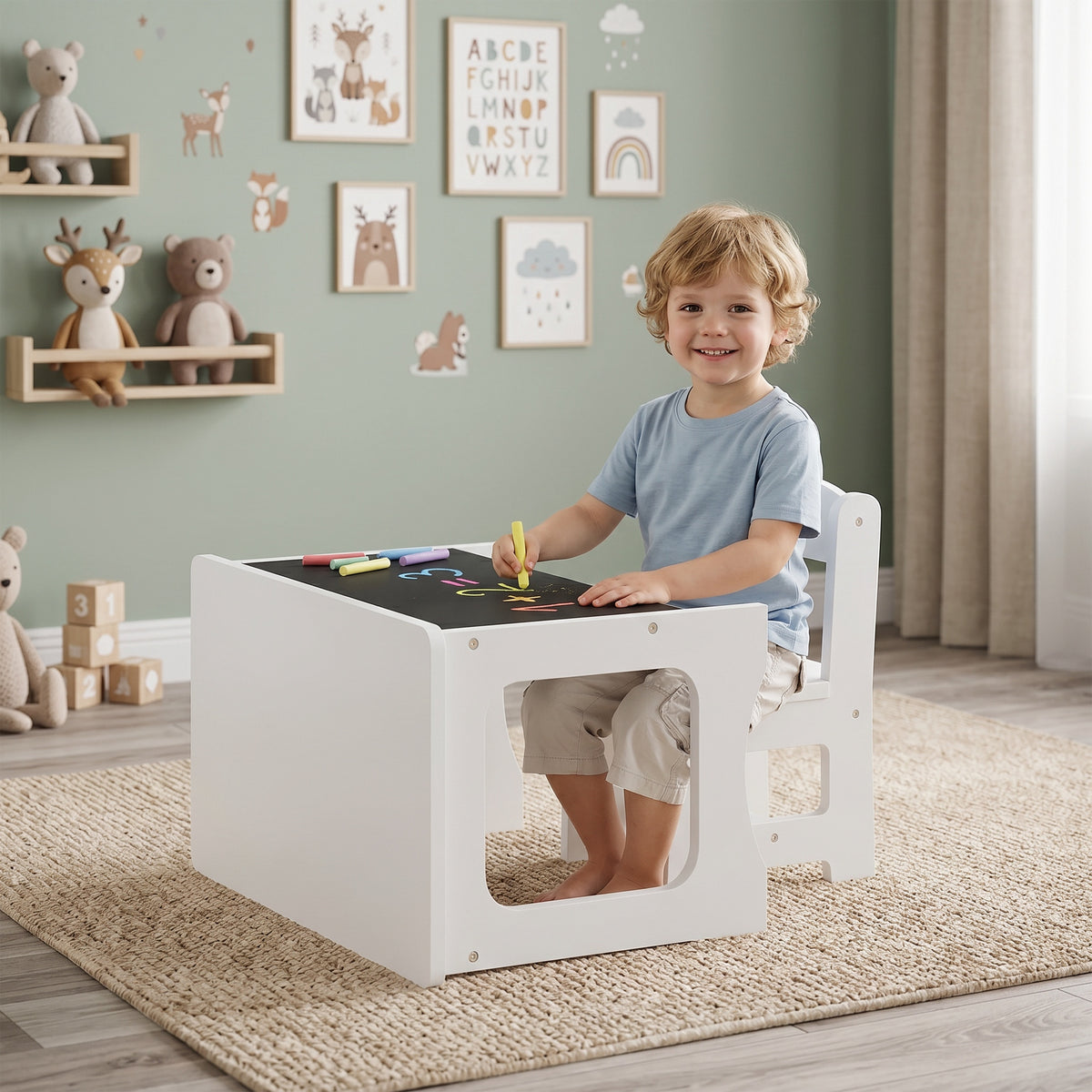 Ensemble Bureau & Chaise Enfant – Plateau Réversible Tableau Noir 2-en-1, MDF E1, Bords Arrondis, Blanc, 3-6 Ans