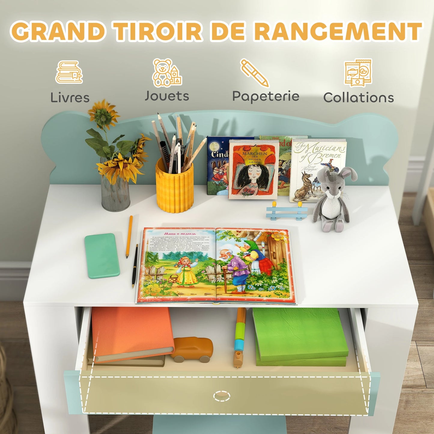 Ensemble Bureau + Chaise Enfant AIYAPLAY – Plateau 80 cm, Tiroir, Porte-documents Ourson, Vert, 3-8 ans