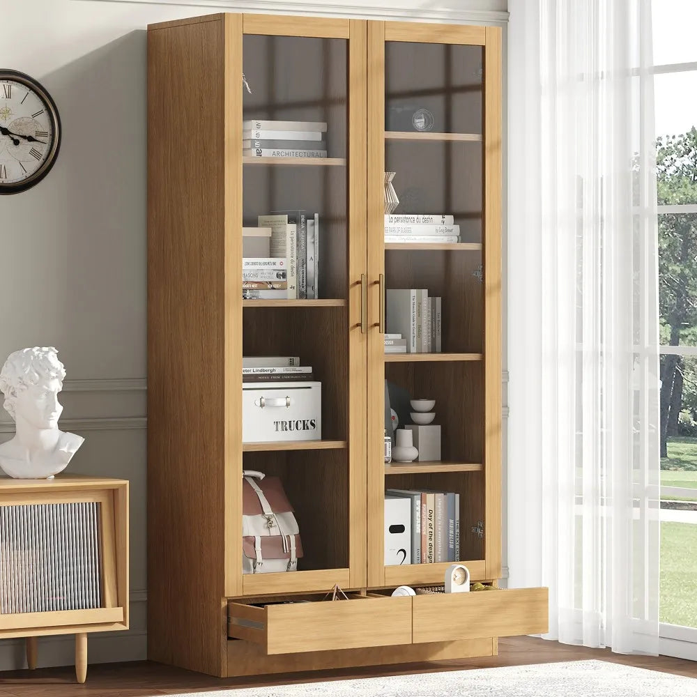 Bibliothèque Vitrine Multifonction 80x40x160 cm – Étagères Fixes, Tiroirs Push-to-Open, Couleur Bois