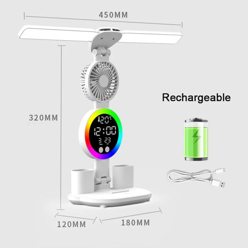 Lampe de Bureau LED avec Horloge & Ventilateur – Interrupteur Tactile, Filaire ou Rechargeable, 3 Modèles