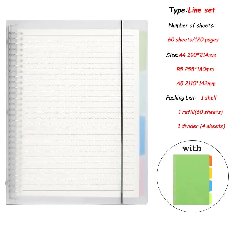Classeur à Feuilles Mobiles A4, A5 ou B5 – 60 Feuilles – Couverture PVC – Ligné, Quadrillé, Vierge, Cornell & Anglais