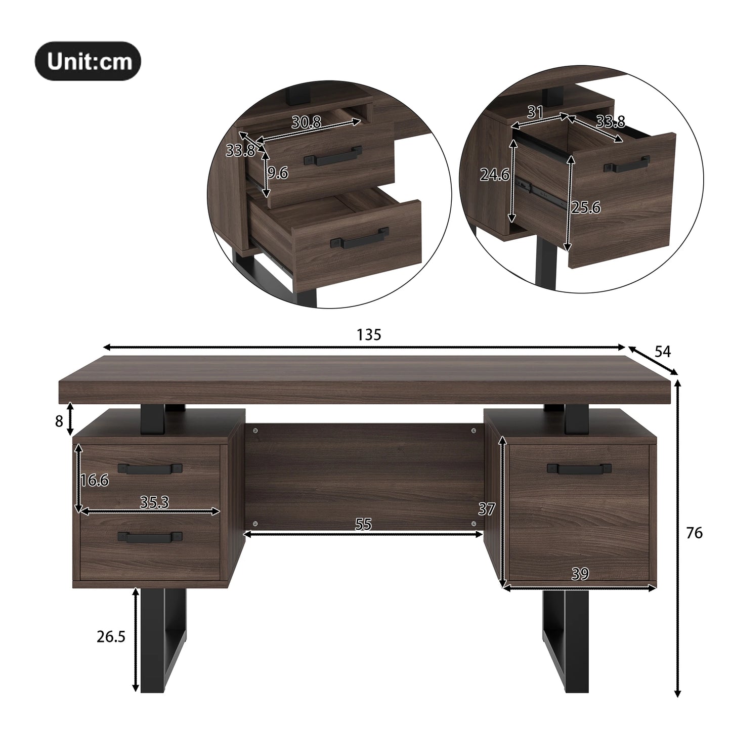 Bureau Jugacool 135x54 cm – 2 Tiroirs Silencieux, Rangement Dossiers, Style Moderne Marron