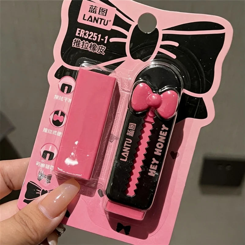 Gomme Kawaii Nœud – Design Push-Pull, Papeterie Scolaire (Rose / Noir)