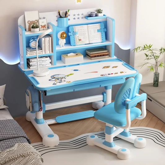 Ensemble Bureau & Chaise Enfant Réglable – Ergonomique, Porte-Livres Inclus, Bleu