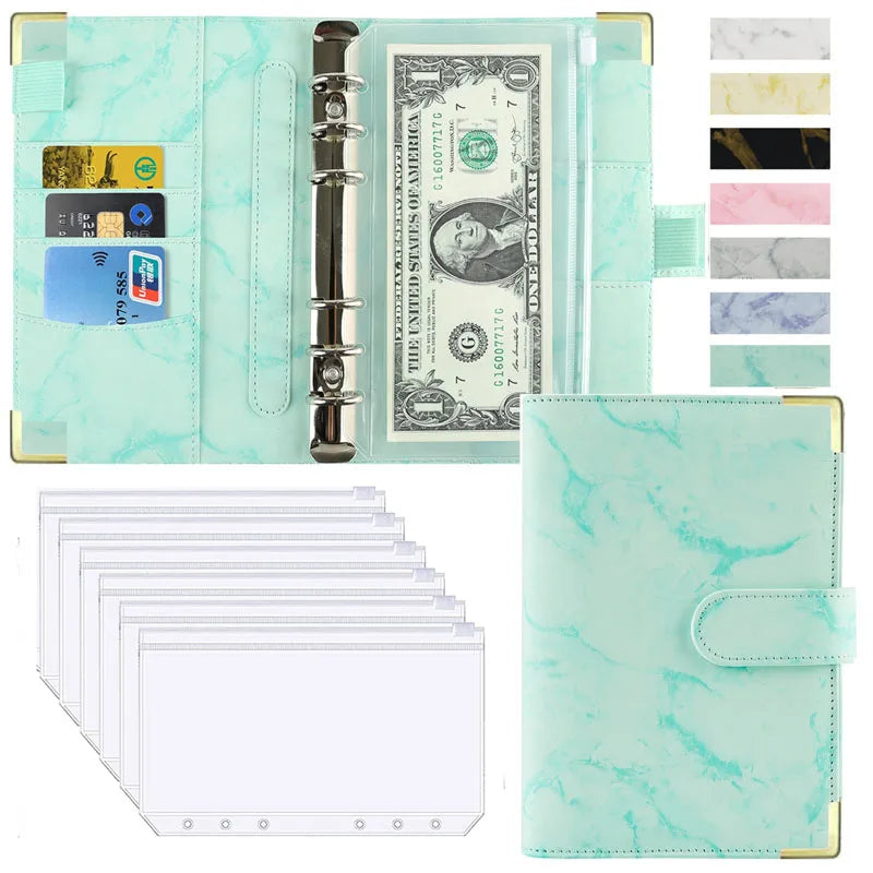 Organiseur Budget A6 en Cuir PU – Design Marbre, Pochettes & Porte-Cartes – Gestion Finances