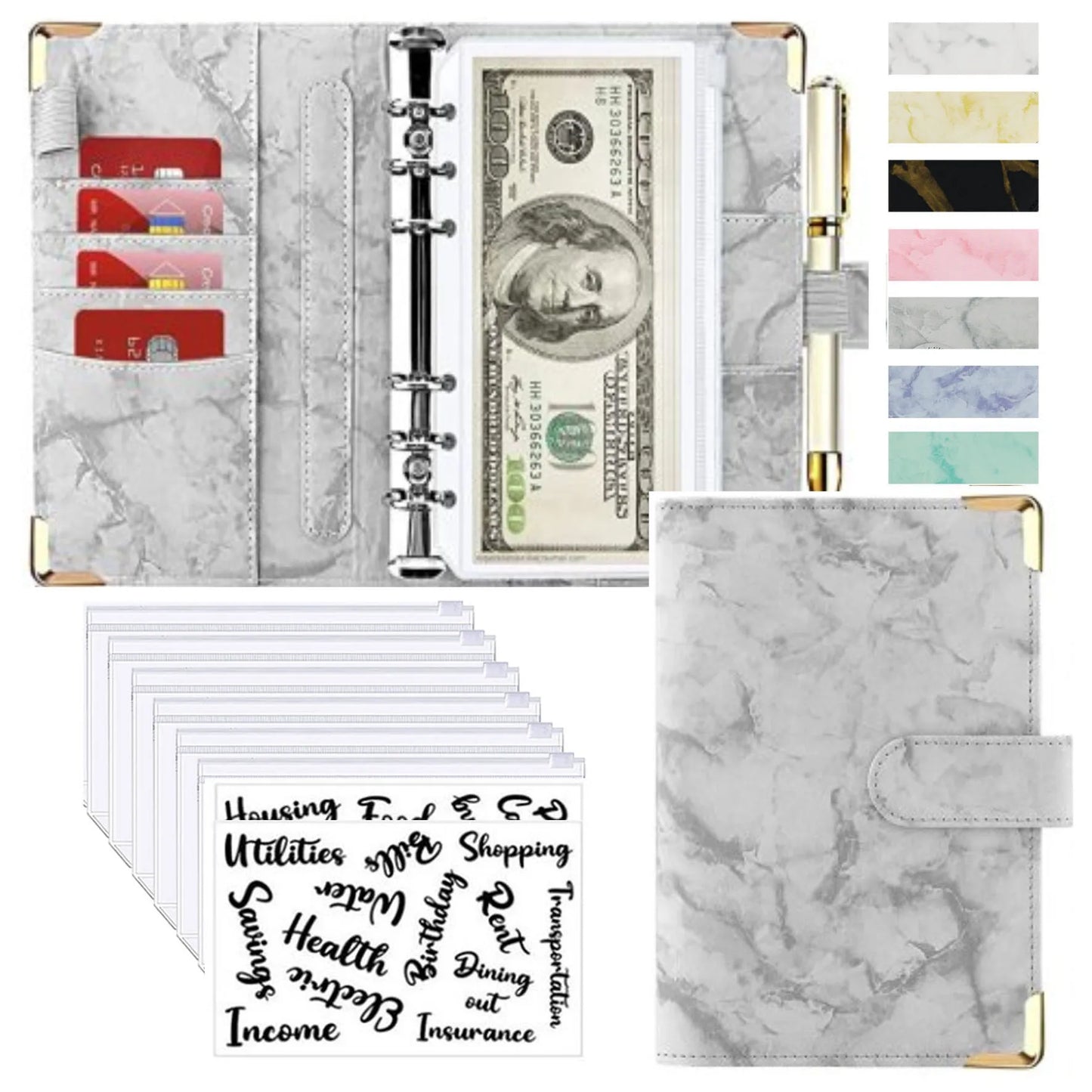 Organiseur Budget A6 en Cuir PU – Design Marbre, Pochettes & Porte-Cartes – Gestion Finances