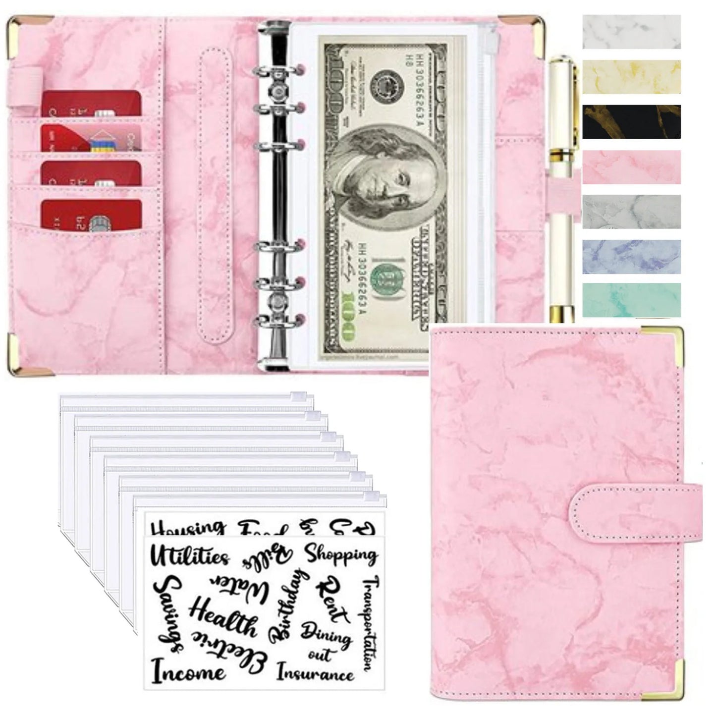 Organiseur Budget A6 en Cuir PU – Design Marbre, Pochettes & Porte-Cartes – Gestion Finances