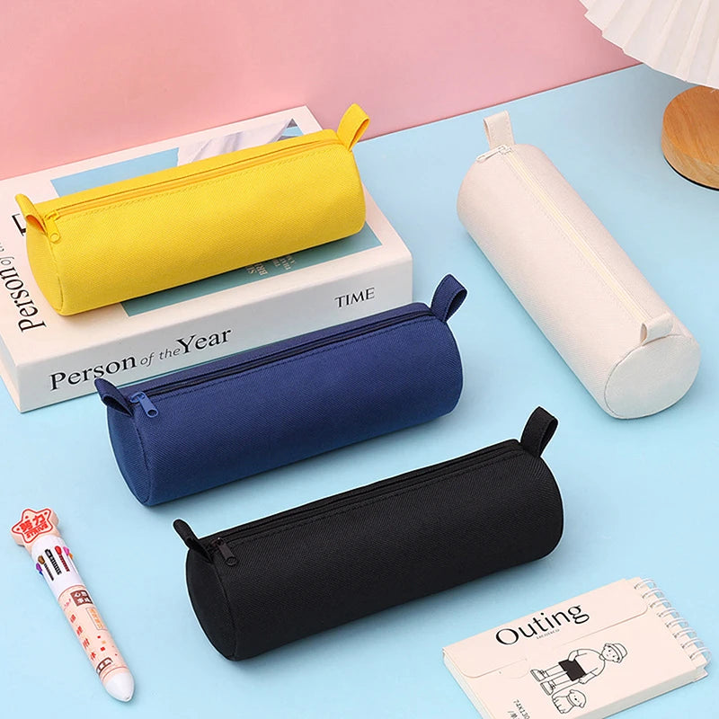 Trousse Cylindrique en Tissu Oxford – Grande Capacité, Fermeture Éclair, 5 Couleurs