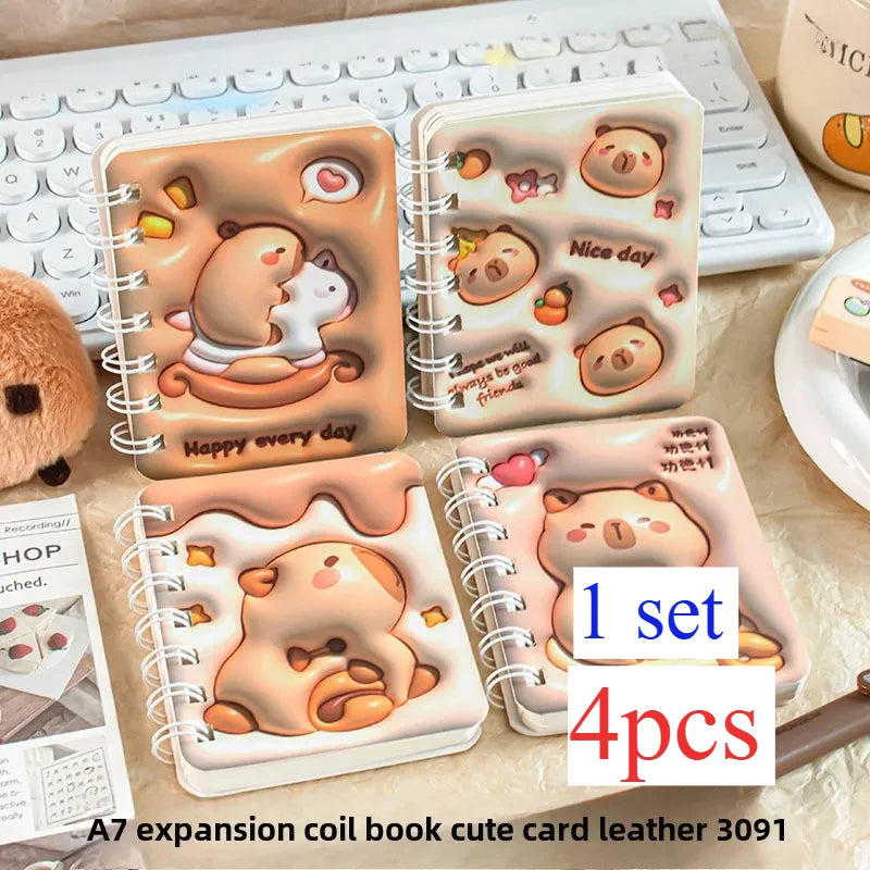Lot de 4 Carnets Kawaii A7 – Panda & Capybara, Portable, Journal & Planner, Cadeau Papeterie