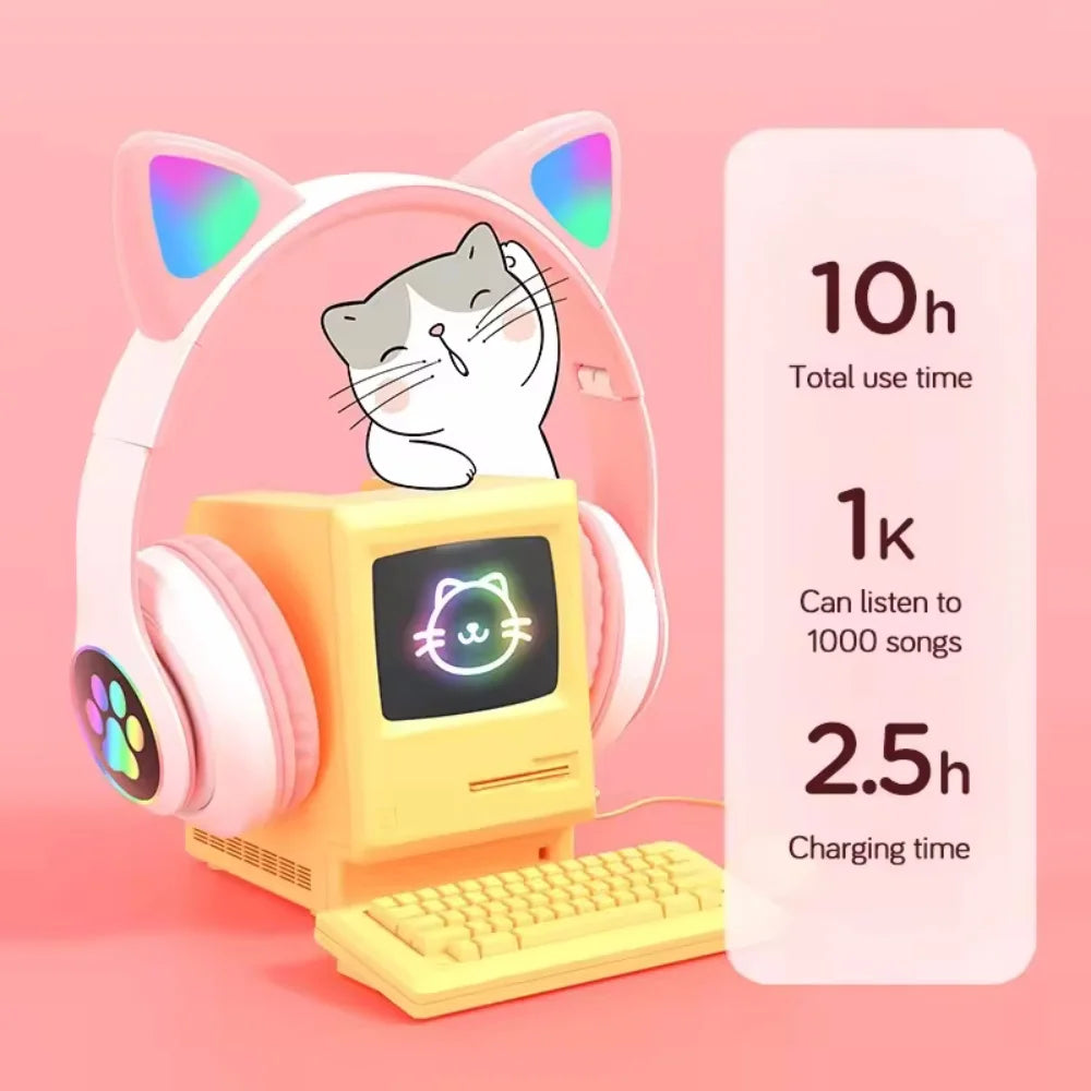 Casque Bluetooth Oreilles de Chat LED – Enfant Fille, Pliable, Sans Fil 5.0