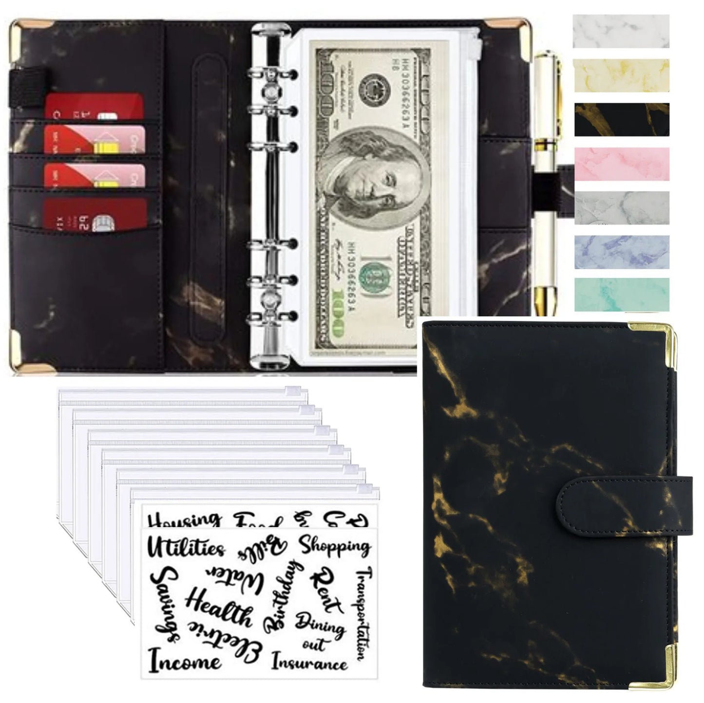Organiseur Budget A6 en Cuir PU – Design Marbre, Pochettes & Porte-Cartes – Gestion Finances