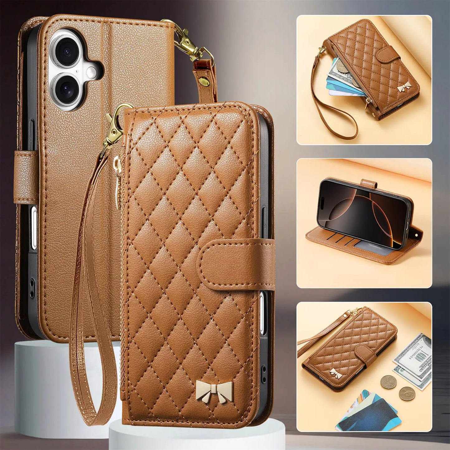 Coque Portefeuille en Cuir Matelassé – Style Sac à Main – iPhone 12 à 17 – 5 Coloris
