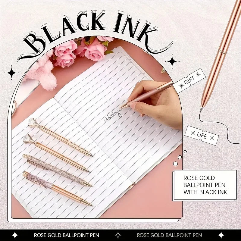 Set de 8 Stylos Bille Rose Doré & Cristal – Métal Élégant, Étudiant, Bureau & Mariage