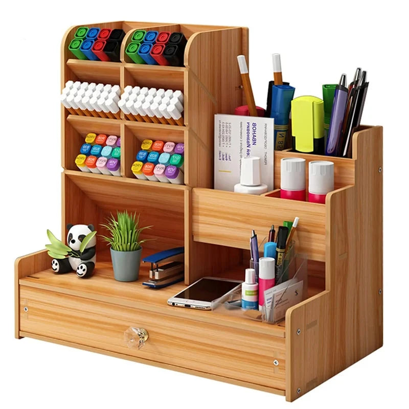 Organiseur de Bureau en Bois DIY – Porte-Stylos avec Tiroir, Grande Capacité, Noir ou Bois de Cerisier
