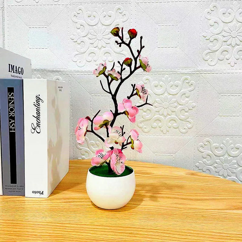 Bonsaï Artificiel Fleurs de Prunier – Plante Décorative en Pot 21x11 cm