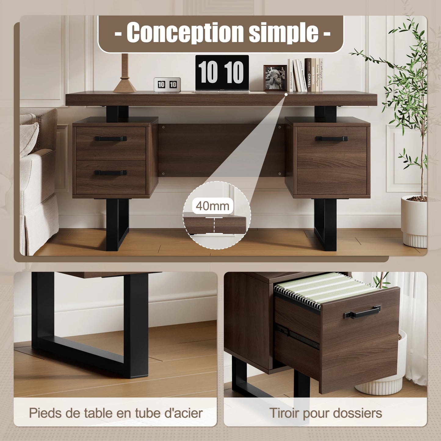 Bureau Jugacool 135x54 cm – 2 Tiroirs Silencieux, Rangement Dossiers, Style Moderne Marron