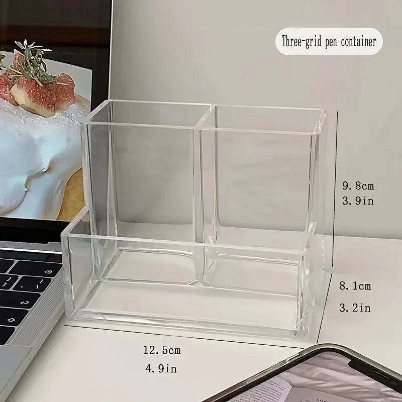 Porte-Stylo Acrylique Transparent 3 Compartiments – Organiseur Bureau Style Coréen