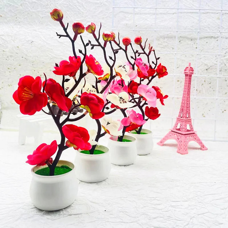Bonsaï Artificiel Fleurs de Prunier – Plante Décorative en Pot 21x11 cm