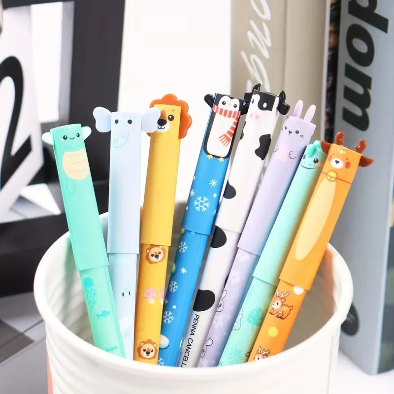 Set de 8 Stylos Gel Effaçables Animaux – Pointe Fine 0,5 mm, Kawaii, Prise de Notes & Écriture
