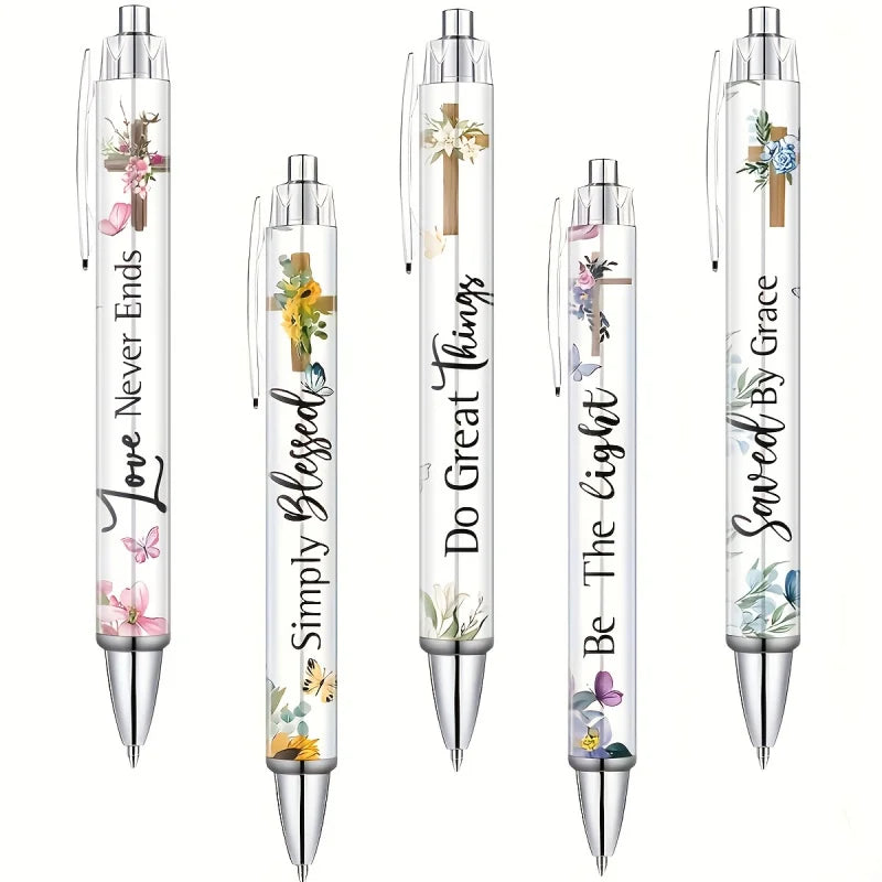 Lot de 5 Stylos Bille – Citations Chrétiennes Inspirantes, Rétractables, Homme & Femme, Bureau