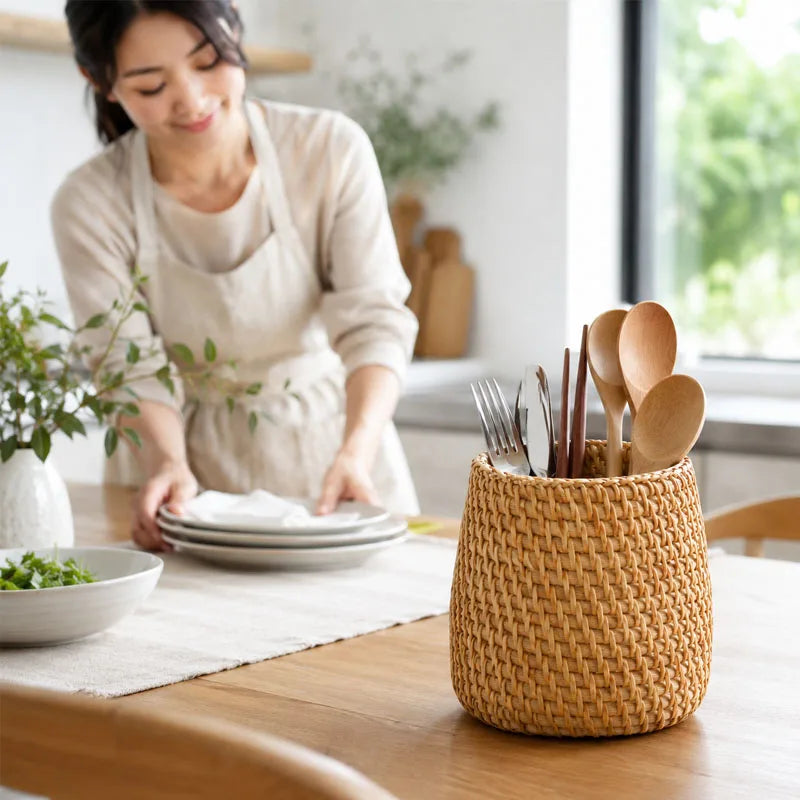 Organiseur Multifonction en Rotin Tressé – Style Bohème Naturel – Bureau, Cuisine & Salle de Bain