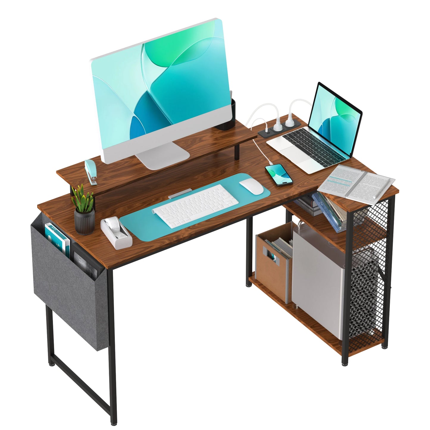 Bureau Gaming en L – Angle, Prise Secteur & USB, Tablette Moniteur, Noir Blanc Marron