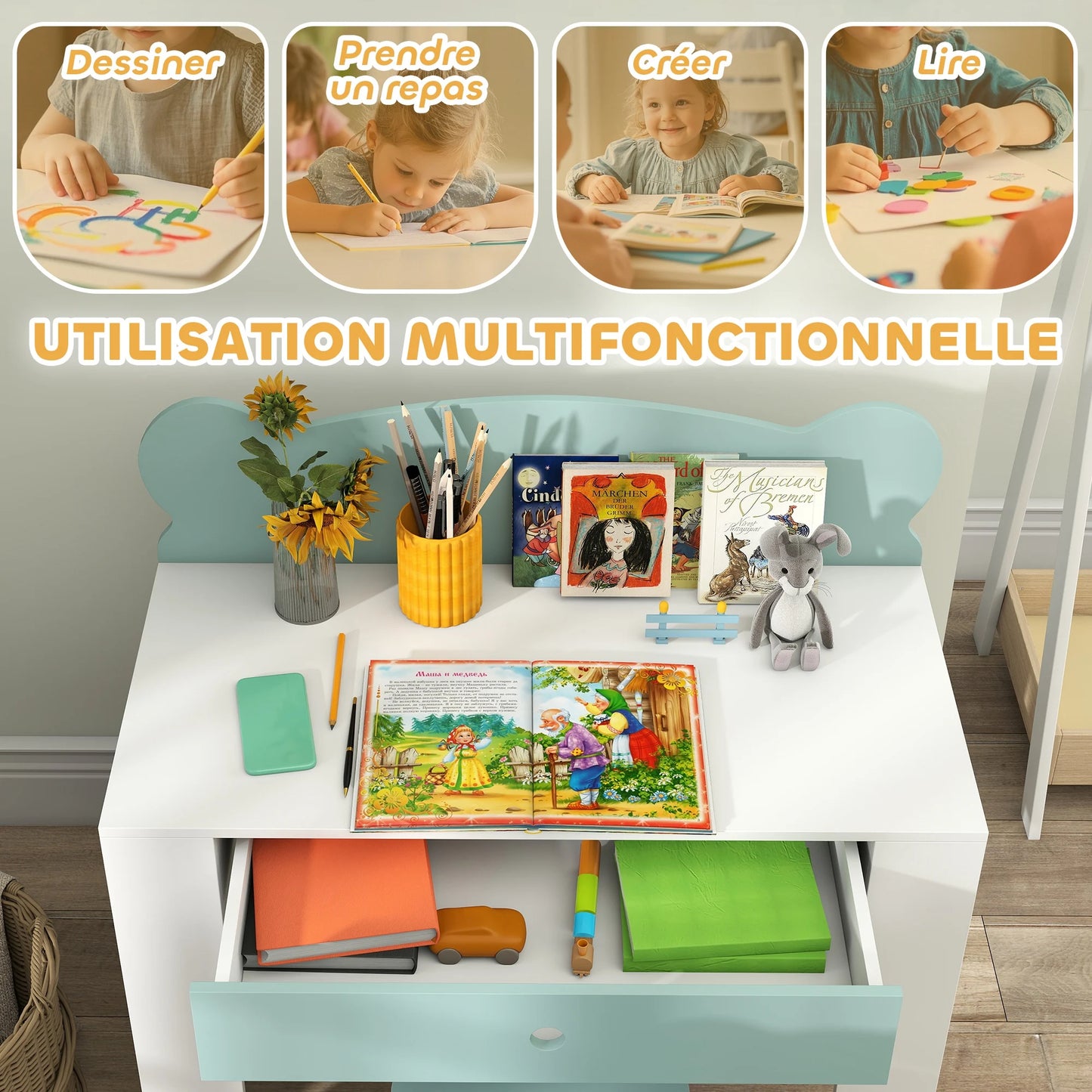 Ensemble Bureau + Chaise Enfant AIYAPLAY – Plateau 80 cm, Tiroir, Porte-documents Ourson, Vert, 3-8 ans