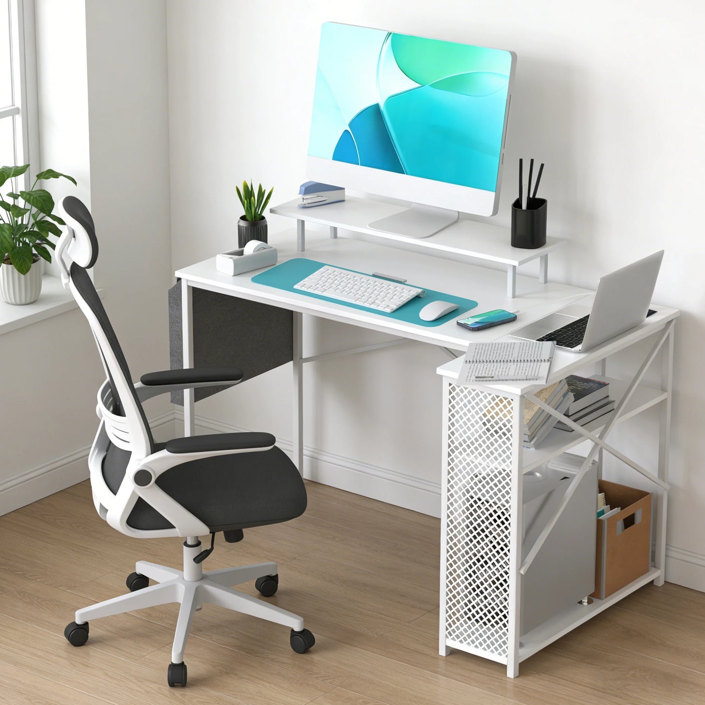 Bureau Gaming en L – Angle, Prise Secteur & USB, Tablette Moniteur, Noir Blanc Marron