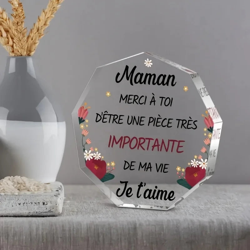 Plaque Acrylique Maman – Cadeau Fête des Mères, Message Gravé du Cœur