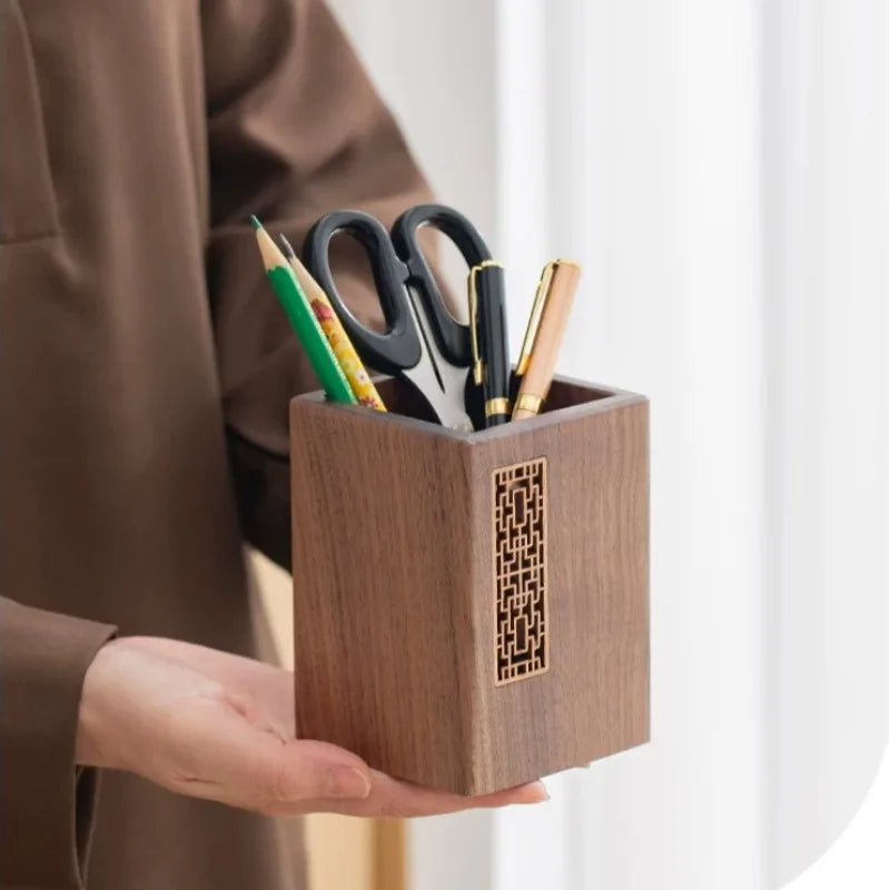 Porte-Stylo en Bois Massif Sculpté – Organiseur Bureau Style Chinois, 6 Modèles