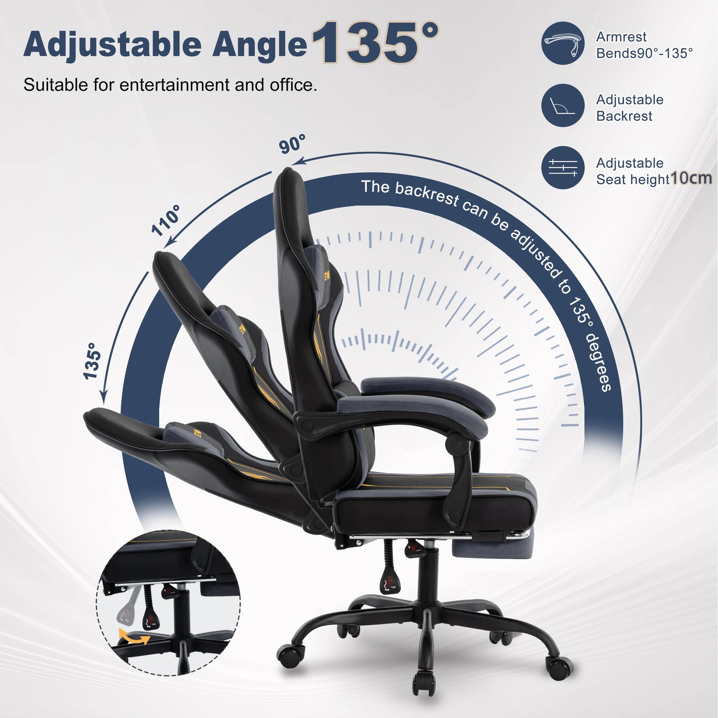 Chaise Gaming Ergonomique SYMINO – Coussin Latex, Repose-Pieds, Style Racing, 130kg, Gris & Noir