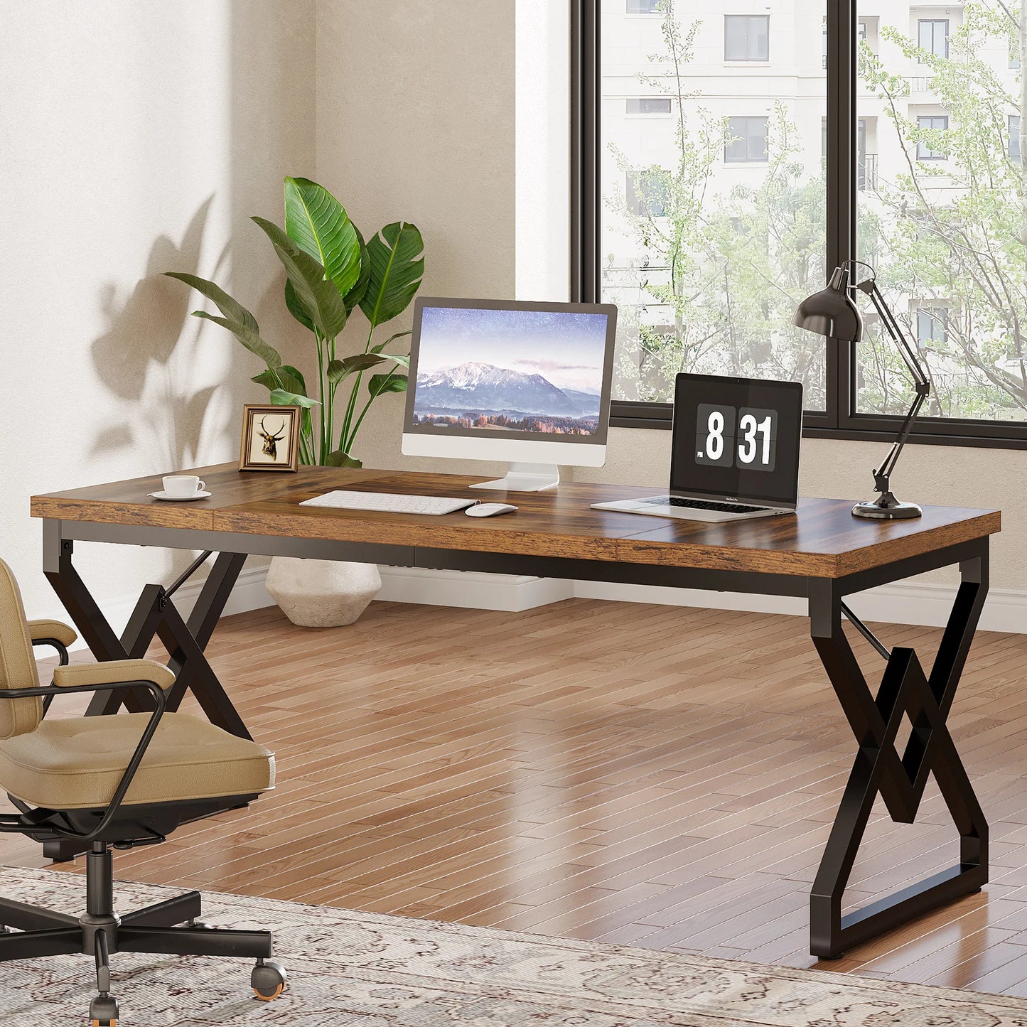 Bureau Exécutif Tribesigns 160cm – Grand Bureau Informatique, Plateau Bois Épais, Pieds Métal, Chêne