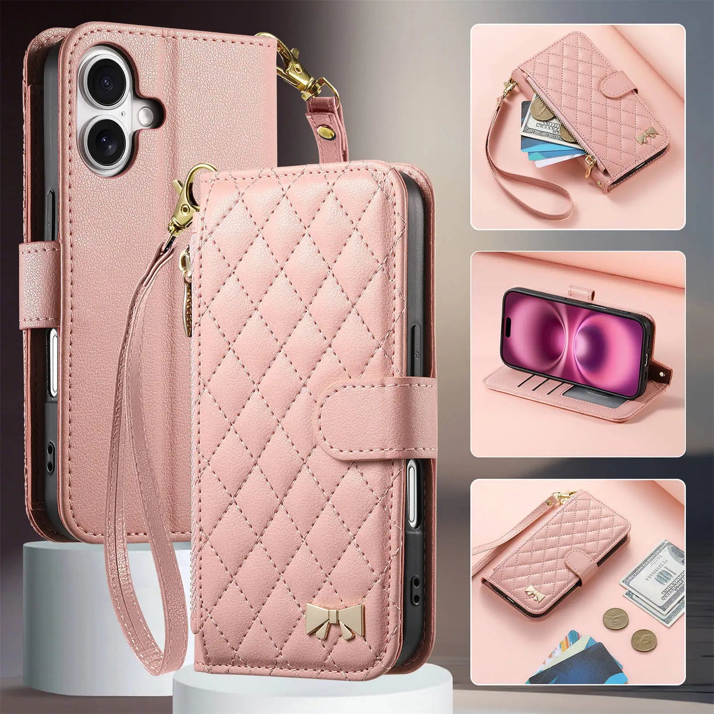 Coque Portefeuille en Cuir Matelassé – Style Sac à Main – iPhone 12 à 17 – 5 Coloris
