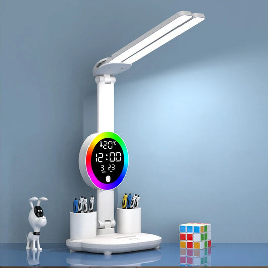 Lampe de Bureau LED avec Horloge & Ventilateur – Interrupteur Tactile, Filaire ou Rechargeable, 3 Modèles