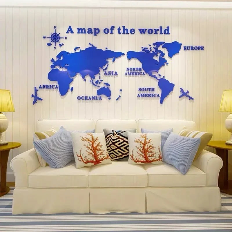Sticker Mural Carte du Monde 3D en Acrylique – Décoration Salon, Bureau