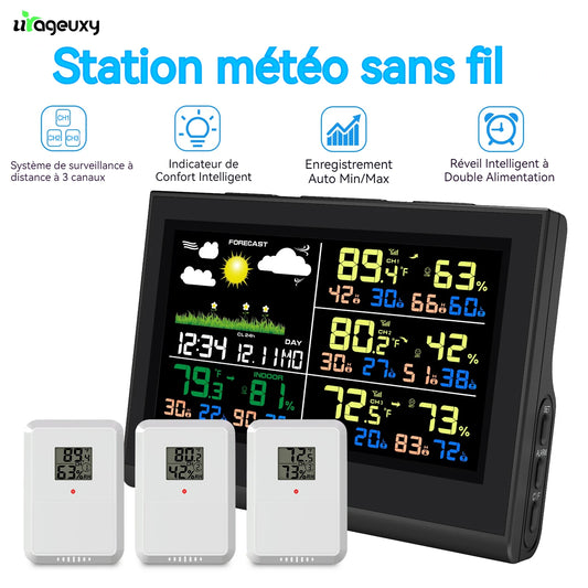 Station Météo Sans Fil WS0850 – 3 Capteurs, Écran Couleur LCD, Intérieur/Extérieur