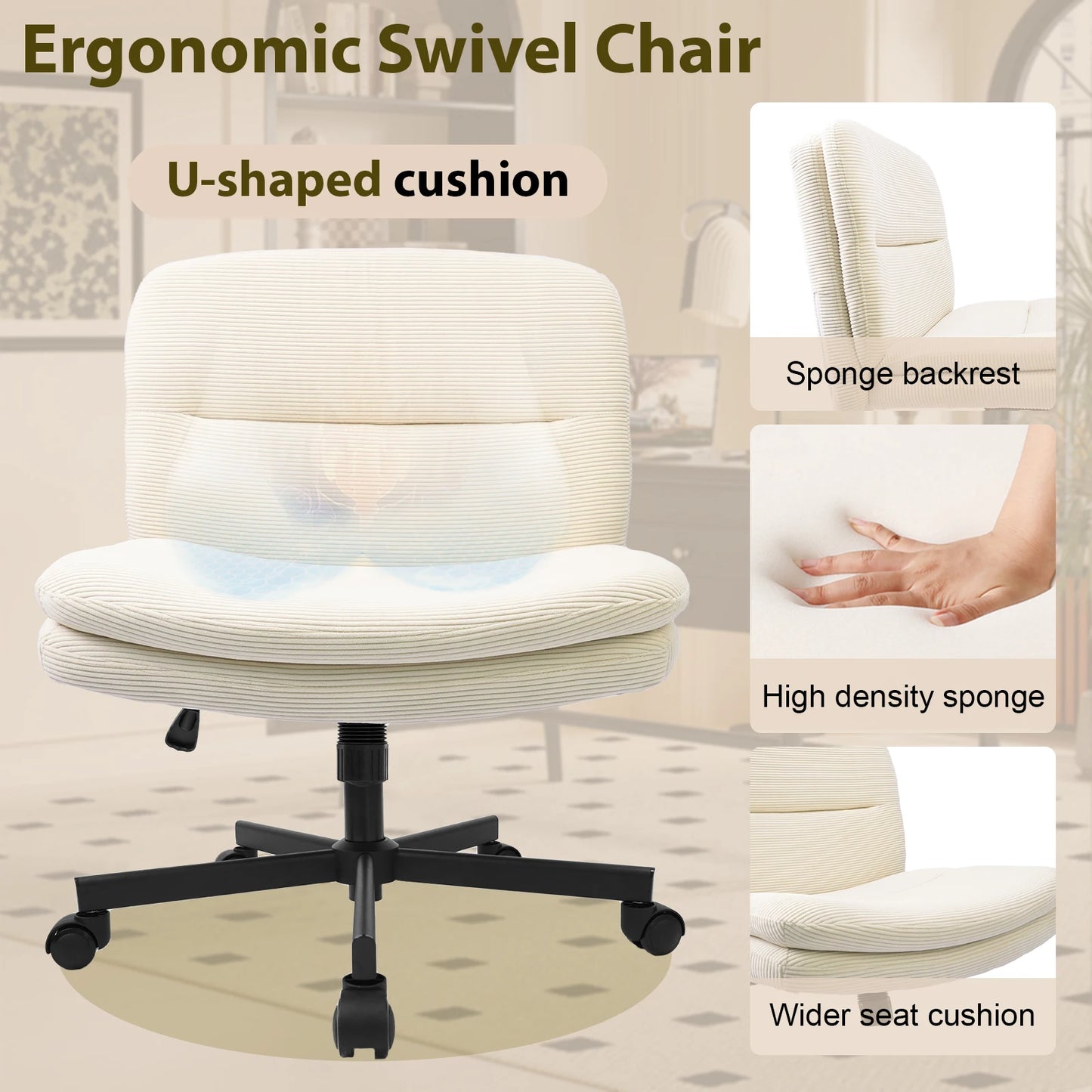 Chaise de Bureau Ergonomique Durrafy – Style Moderne, Roulettes Freins Auto, Pivotante, Ivoire