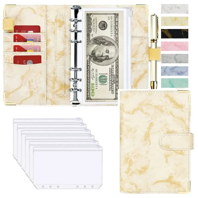Organiseur Budget A6 en Cuir PU – Design Marbre, Pochettes & Porte-Cartes – Gestion Finances