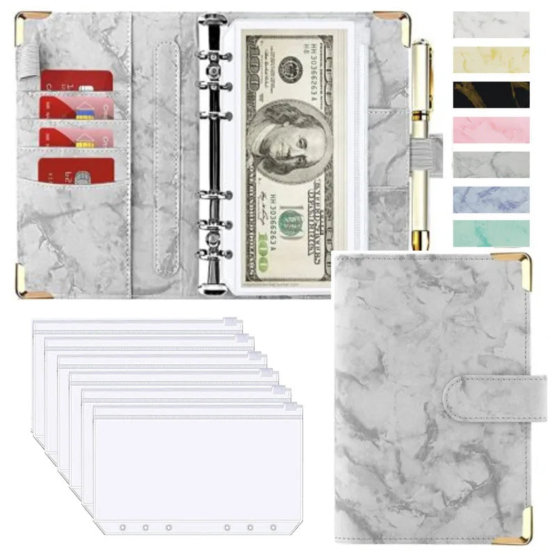 Organiseur Budget A6 en Cuir PU – Design Marbre, Pochettes & Porte-Cartes – Gestion Finances