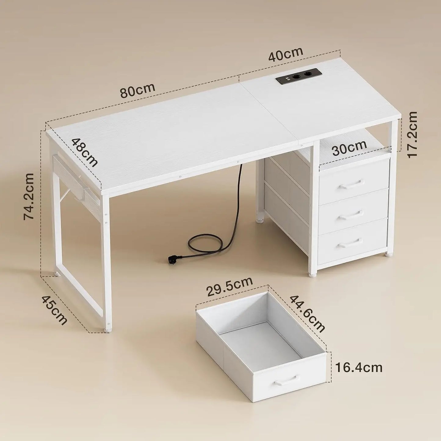 Bureau d'écriture Coleshome avec 3 tiroirs en tissu – Prises USB intégrées, 120x48x75,5 cm