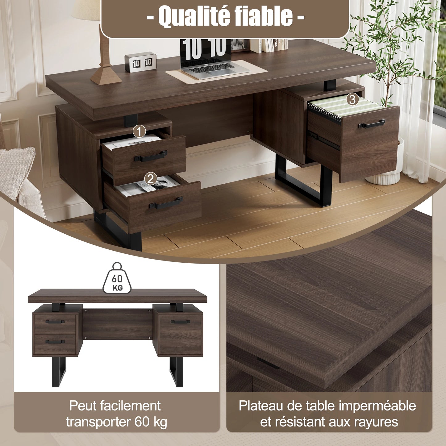 Bureau Jugacool 135x54 cm – 2 Tiroirs Silencieux, Rangement Dossiers, Style Moderne Marron