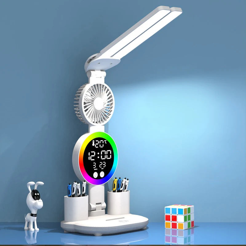 Lampe de Bureau LED avec Horloge & Ventilateur – Interrupteur Tactile, Filaire ou Rechargeable, 3 Modèles