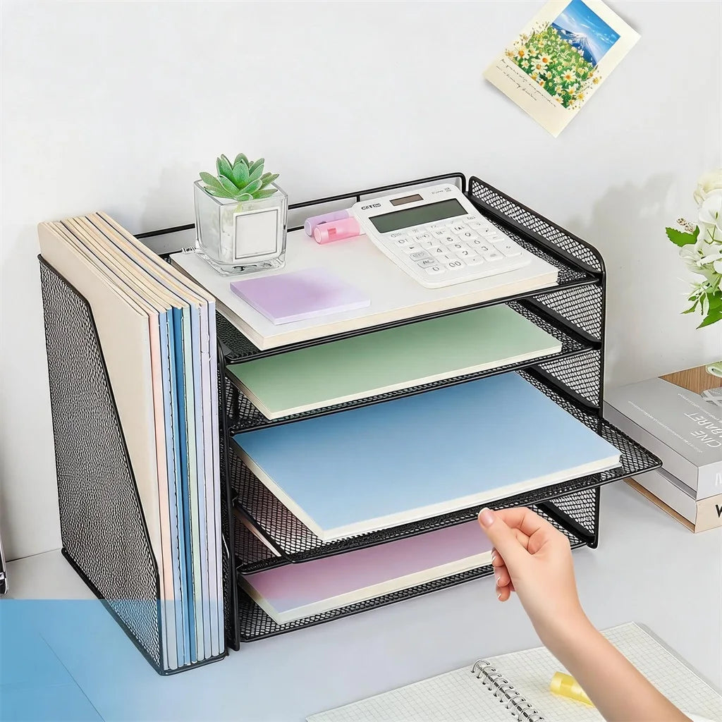 Organisateur Documents Bureau 5 Niveaux – Rangement Vertical A4, Étagères Réglables, Métal Maillé