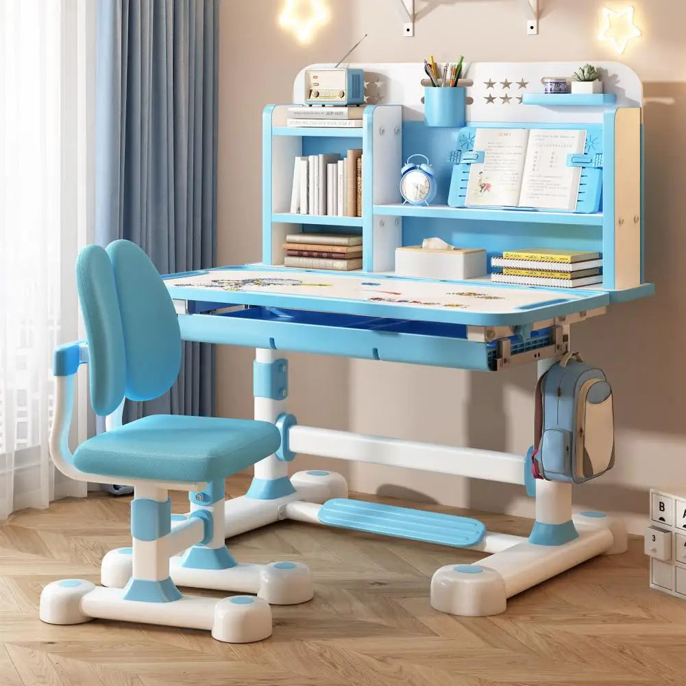 Ensemble Bureau & Chaise Enfant Réglable – Ergonomique, Porte-Livres Inclus, Bleu